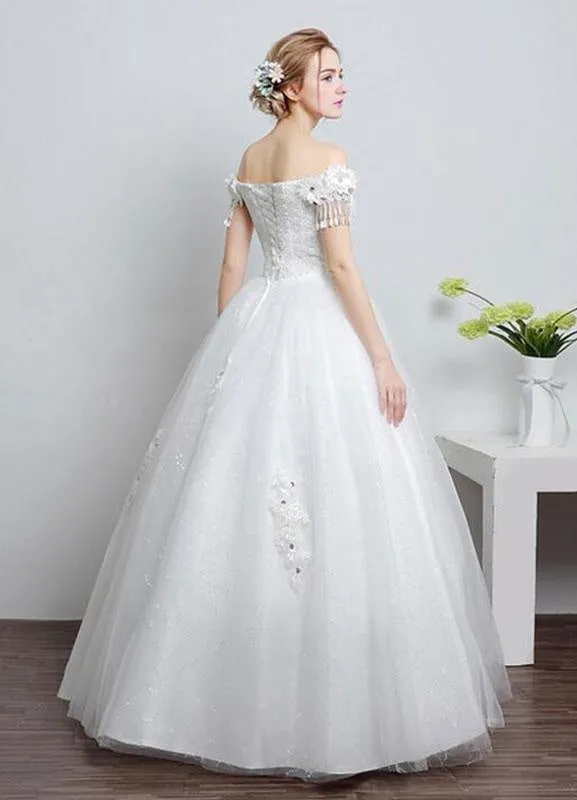 Ivory Wedding Dress Off The Shoulder Lace Ball Gown Beaded Floor Length Bridal Dress With Rhinestone