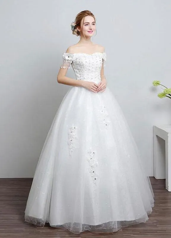 Ivory Wedding Dress Off The Shoulder Lace Ball Gown Beaded Floor Length Bridal Dress With Rhinestone