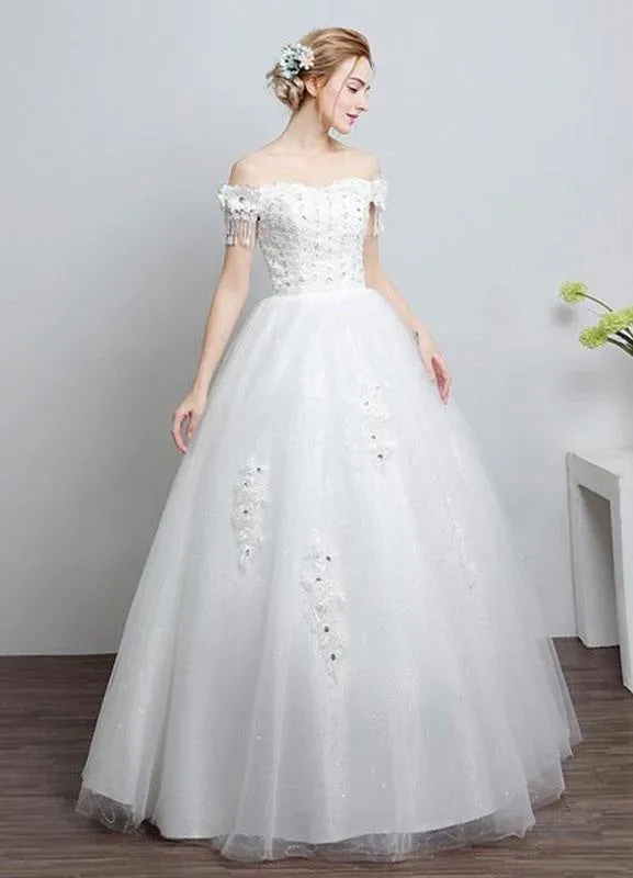 Ivory Wedding Dress Off The Shoulder Lace Ball Gown Beaded Floor Length Bridal Dress With Rhinestone