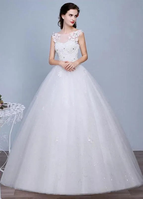 Ivory Wedding Dress Sleeveless Semi-Sheer Jewel Neckline Lace A-Line Floor Length Bridal Gown