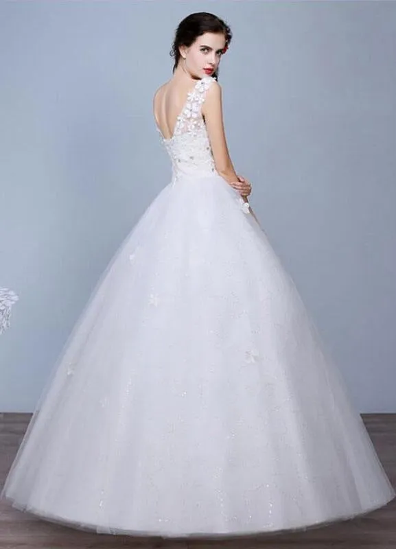 Ivory Wedding Dress Sleeveless Semi-Sheer Jewel Neckline Lace A-Line Floor Length Bridal Gown