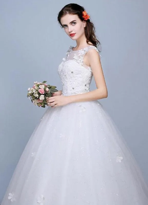 Ivory Wedding Dress Sleeveless Semi-Sheer Jewel Neckline Lace A-Line Floor Length Bridal Gown