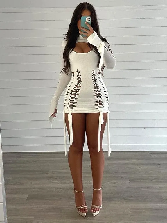 Lace Up Bodycon Long Sleeve Bandage Mini Dress