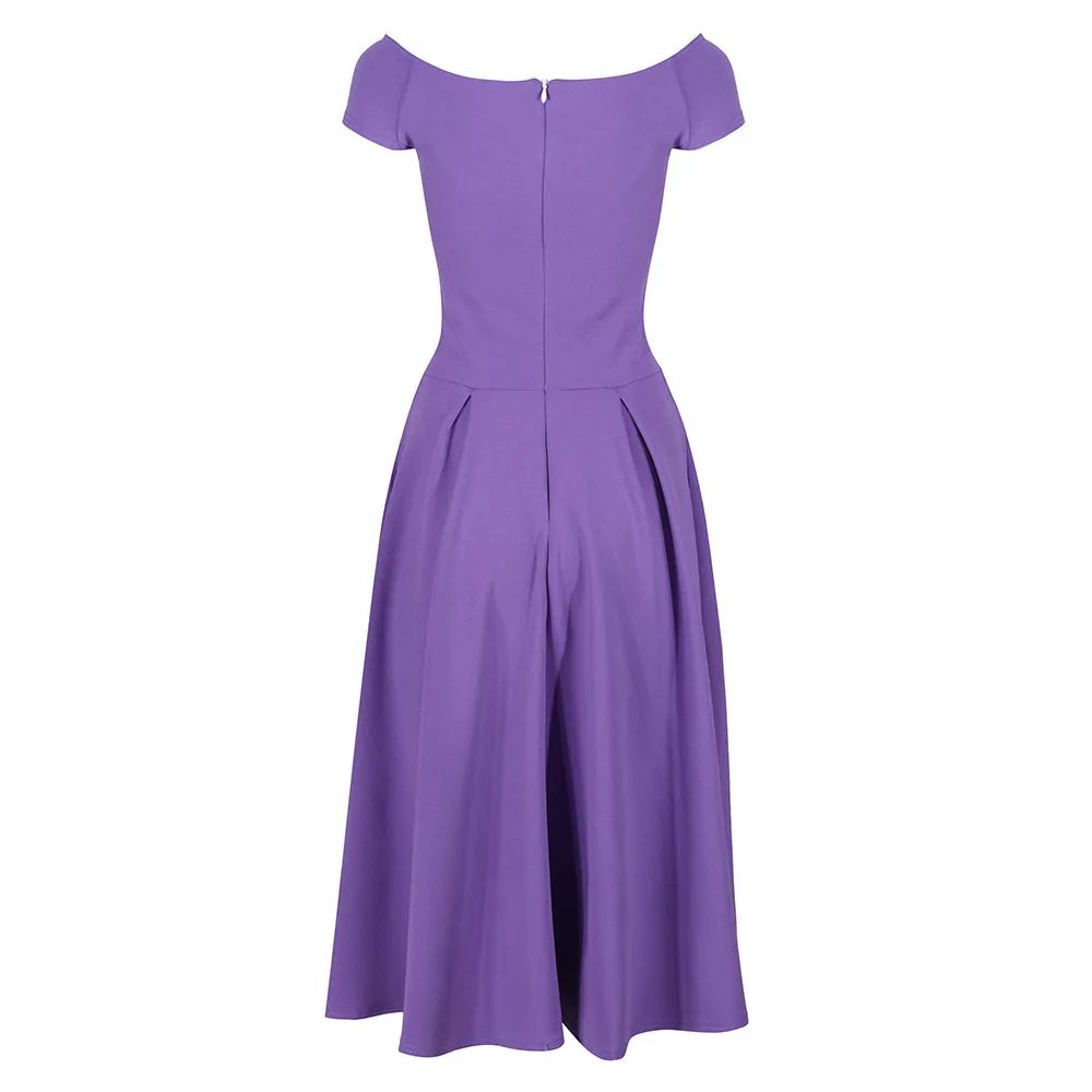 Lilac Purple Crossover Bust Cap Sleeve Bardot Style 50s Swing Dress