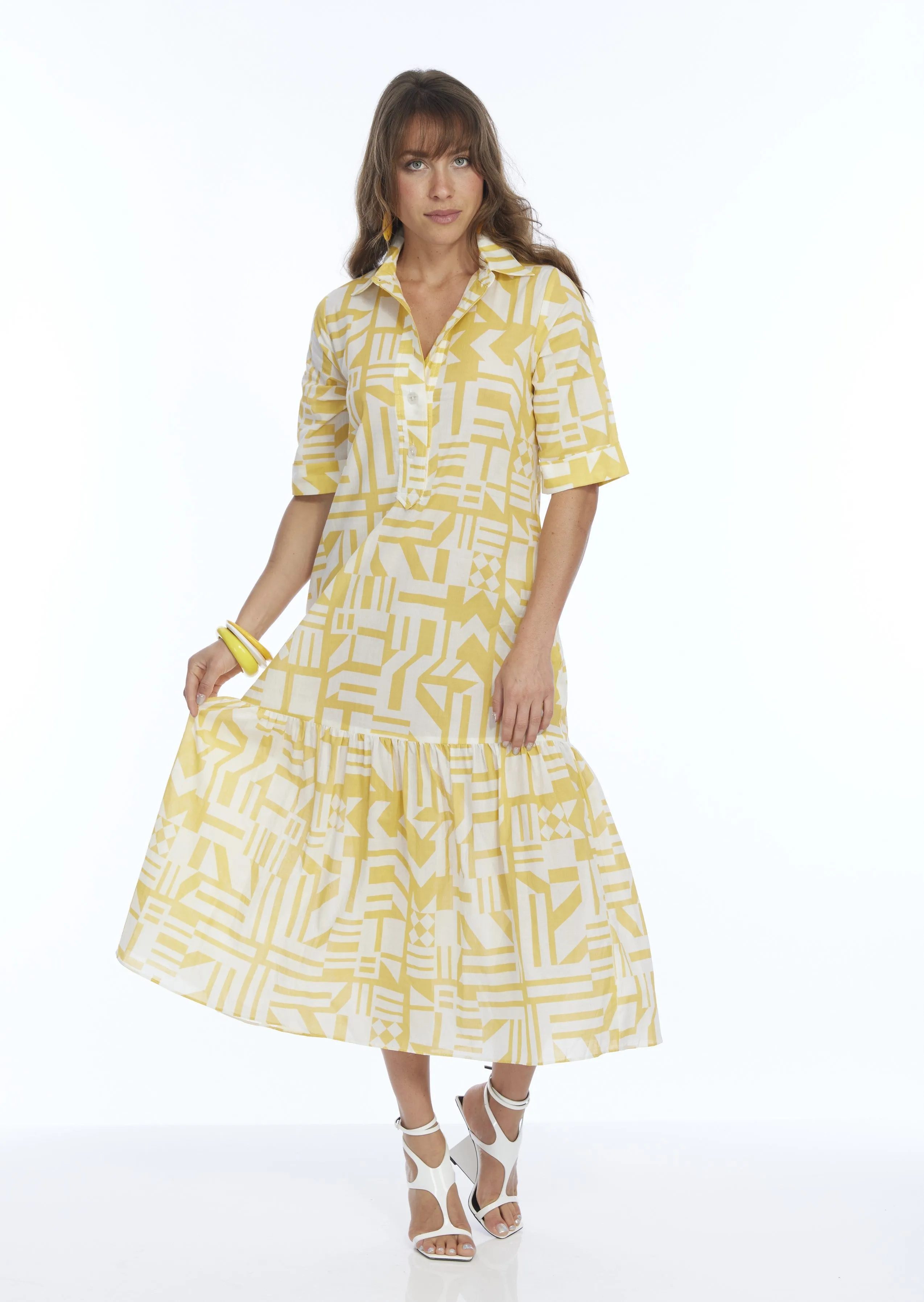 LIOR Women's Yellow Collared Half Sleeve Dress - "VEGA"