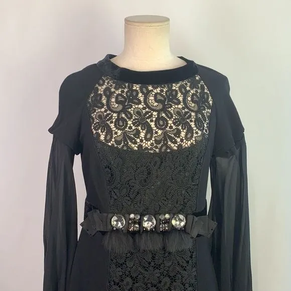 MariaGraziaSeveri black with velvet/fur/beaded trim dress