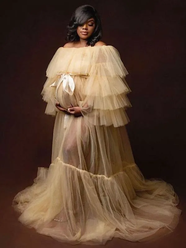 Maternity Wedding Dress Strapless Open Shoulder Lace-Up Tulle Long Bridge Gowns With Train