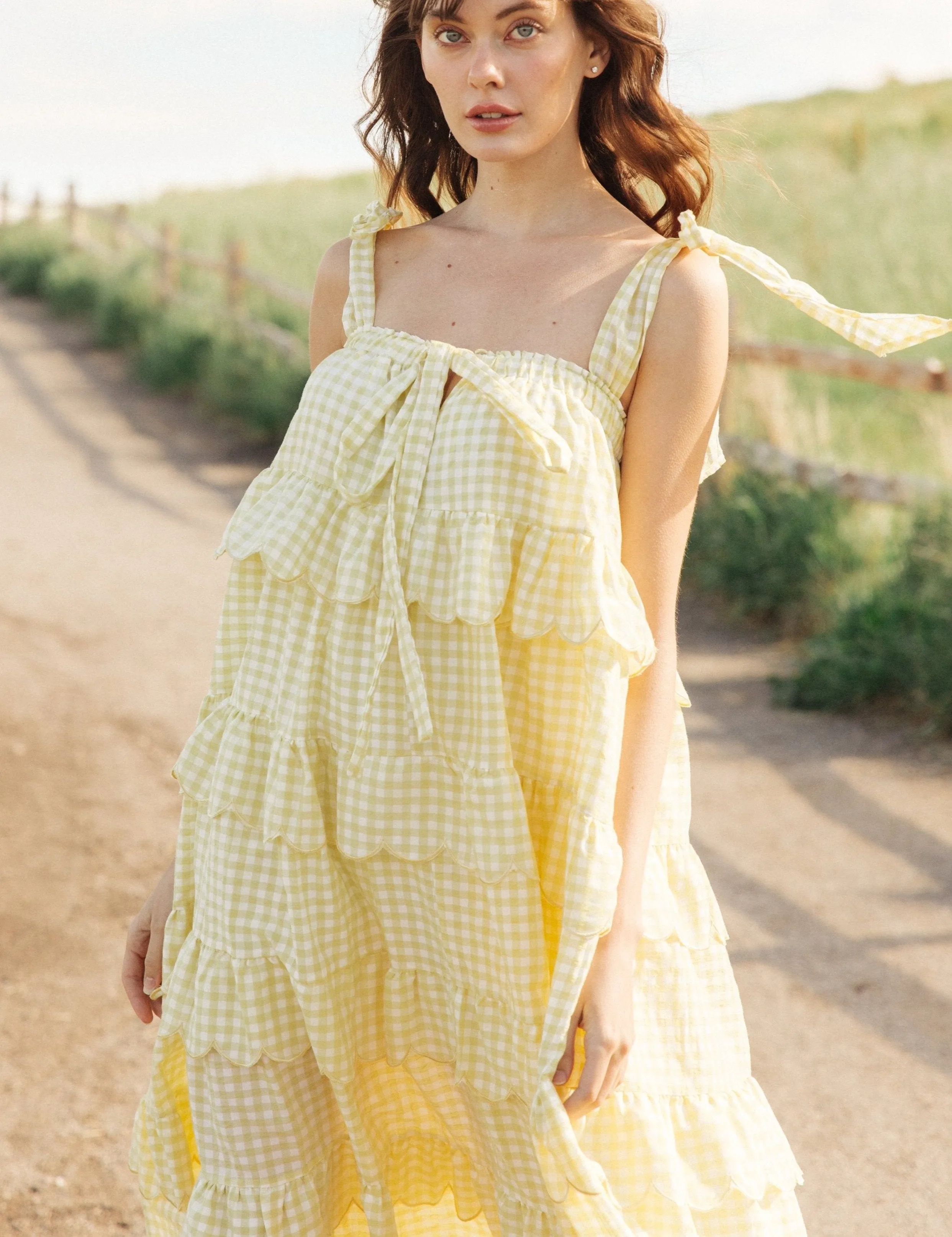 Mellow Yellow Tiered Gingham Midi Dress