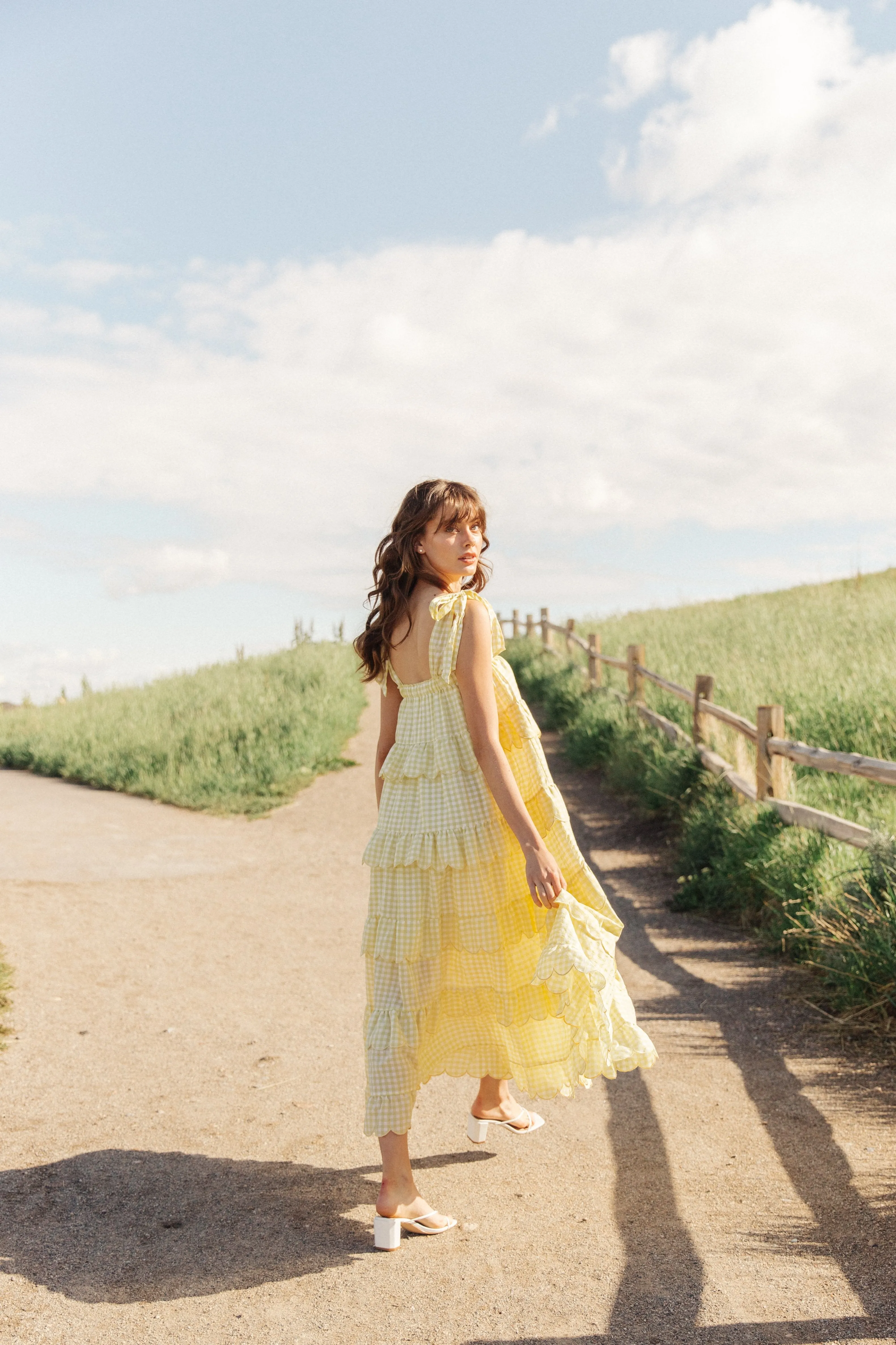 Mellow Yellow Tiered Gingham Midi Dress