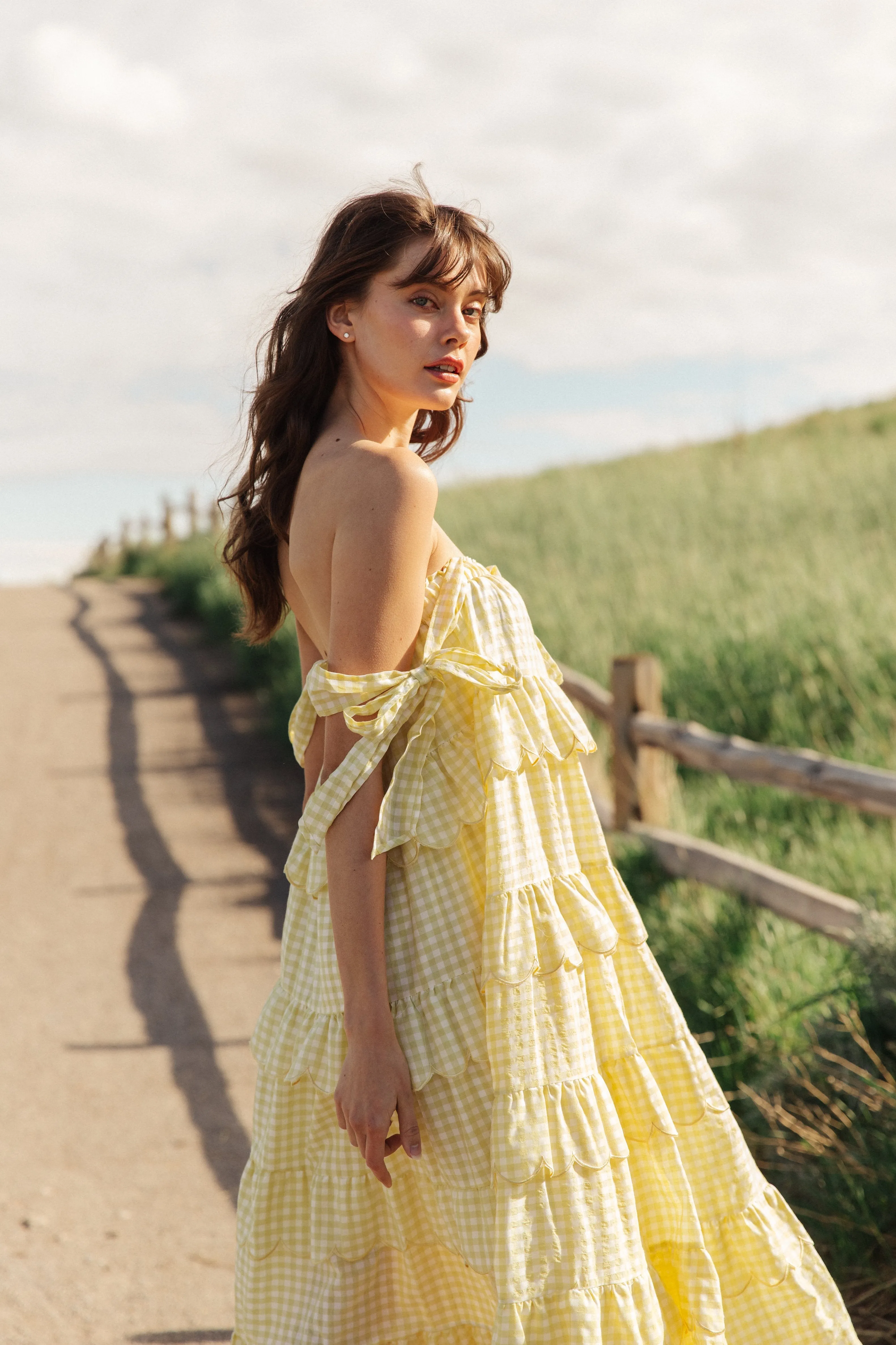 Mellow Yellow Tiered Gingham Midi Dress