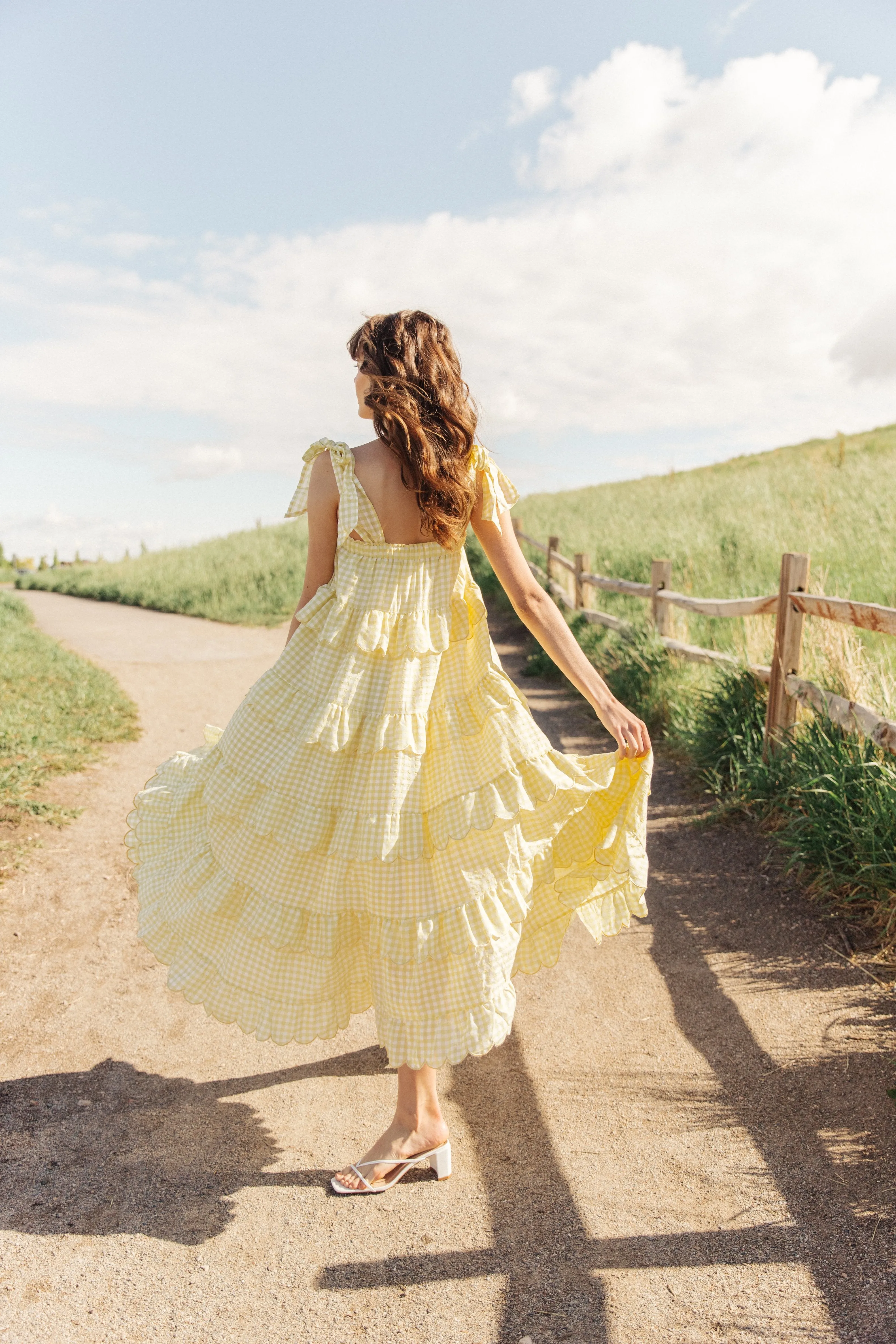 Mellow Yellow Tiered Gingham Midi Dress