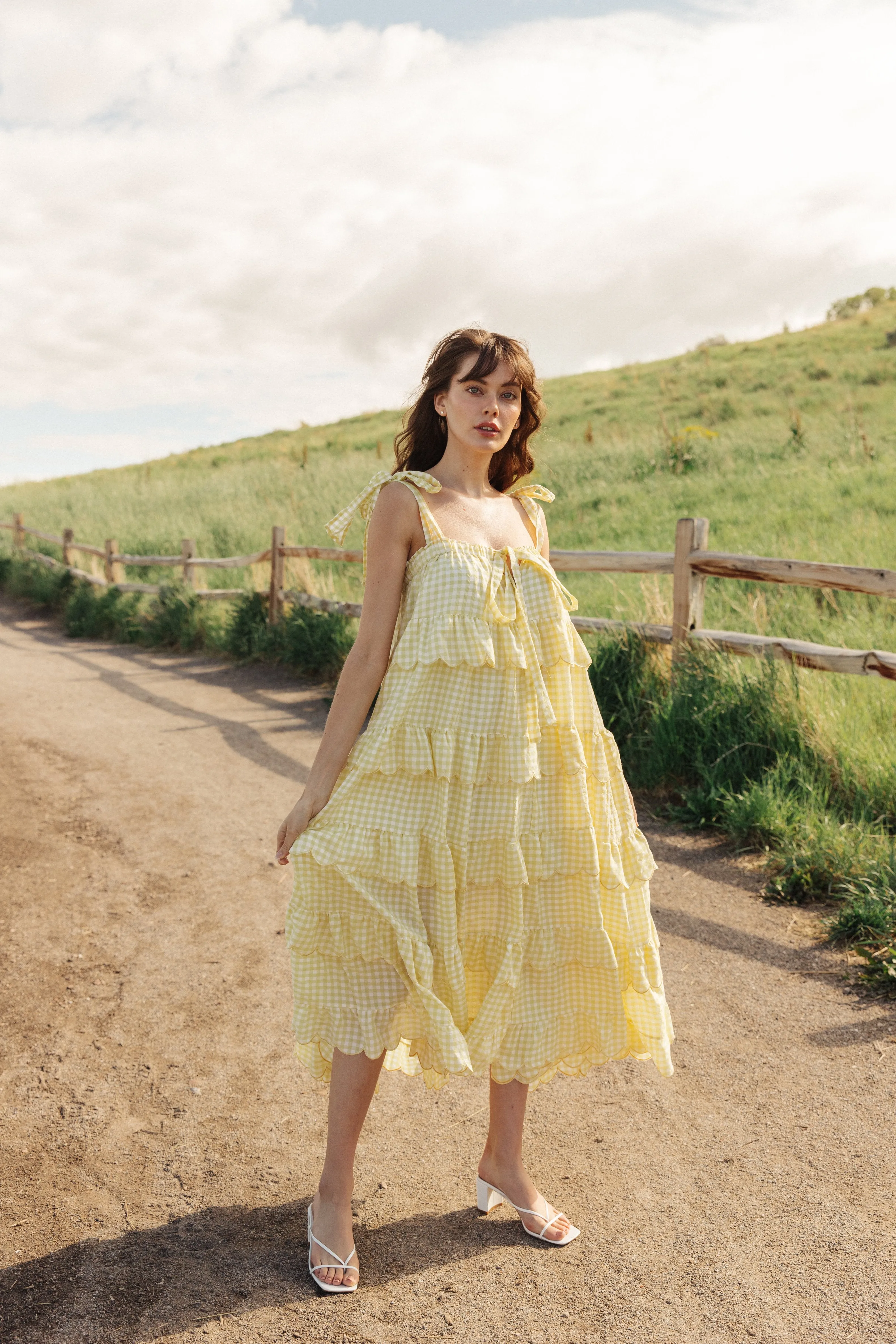 Mellow Yellow Tiered Gingham Midi Dress