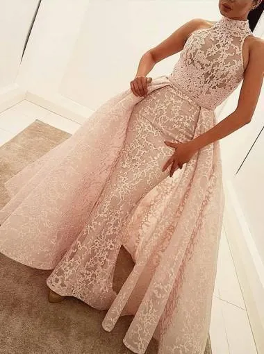 Mermaid High Neck Court Train Detachable Light Pink Lace Quinceanera Dress Prom Dresses