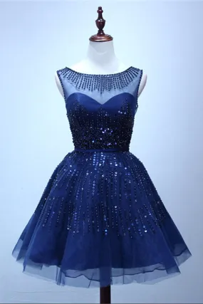 Navy Blue A Line Sheer Neck Sleeveless Deep V Back Sequins Beading Short Homecoming Dresses