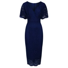 Navy Blue Vintage Lace Detail Bodycon Midi Pencil Dress