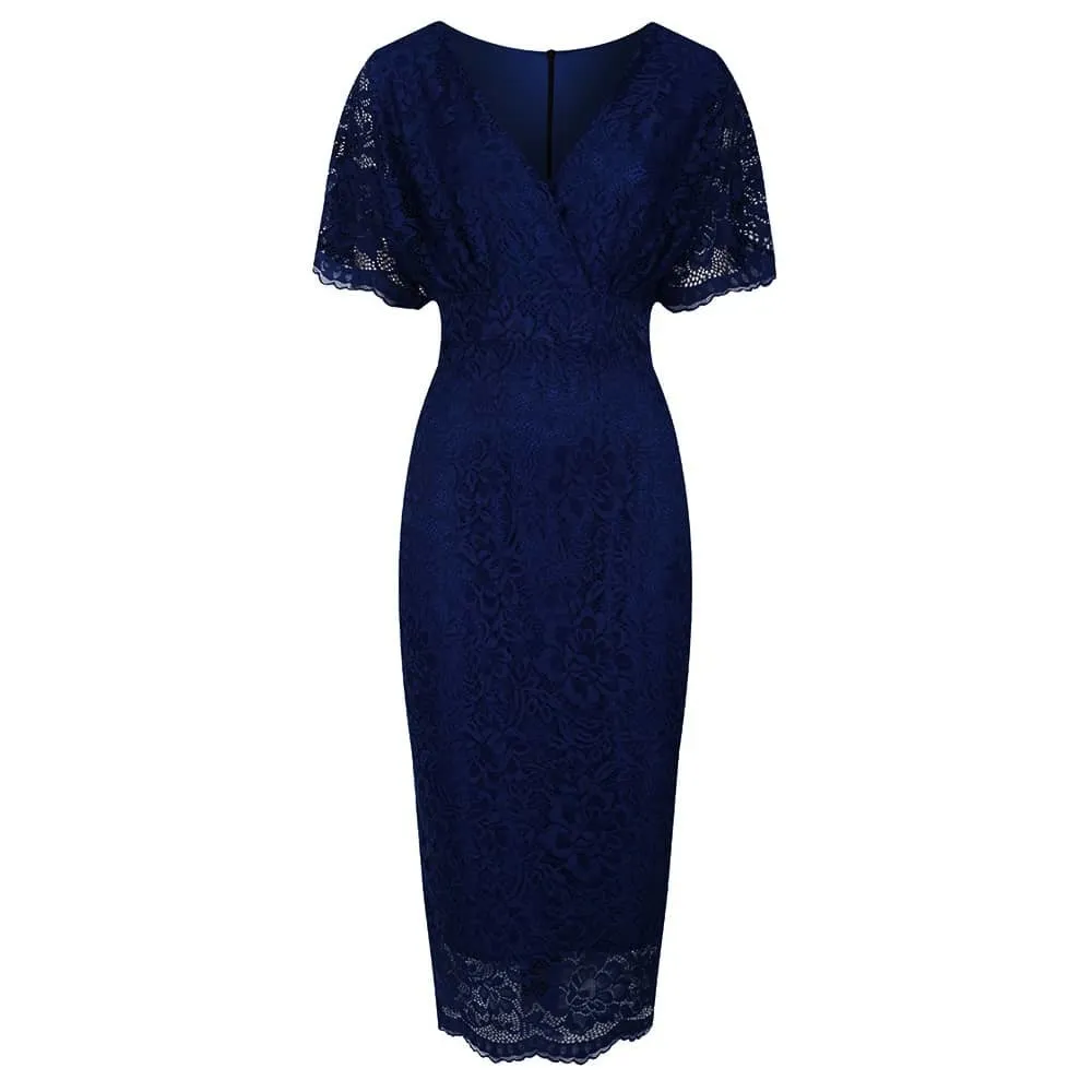 Navy Blue Vintage Lace Detail Bodycon Midi Pencil Dress