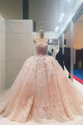 Pink Lace Applique Beads Ball Gown Quinceanera Dress Wedding Dress