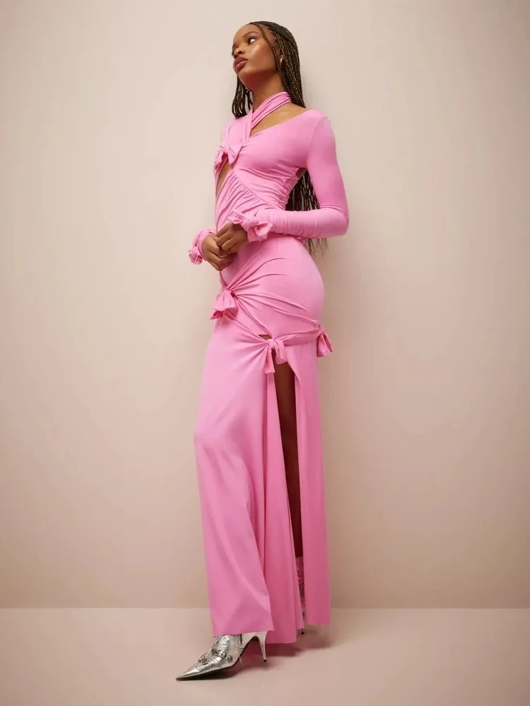 Pink Maxi Dress With Bows and Cutouts