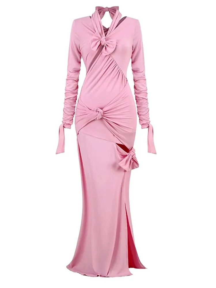 Pink Maxi Dress With Bows and Cutouts