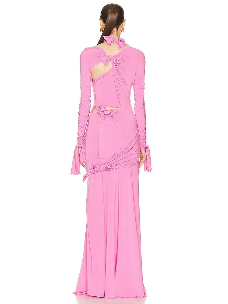 Pink Maxi Dress With Bows and Cutouts