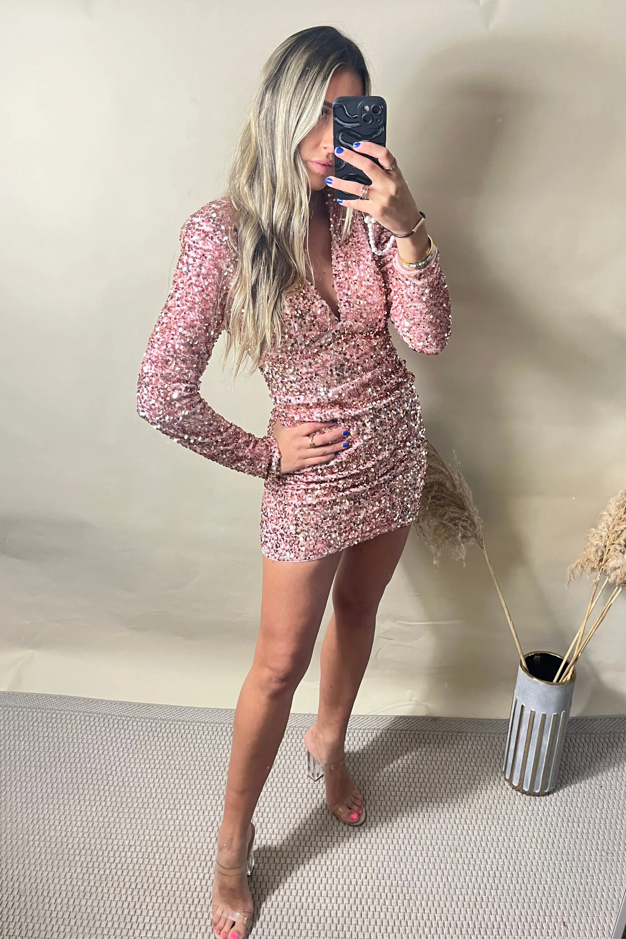 Pink Sculpted Plunge Sequin Mini Dress