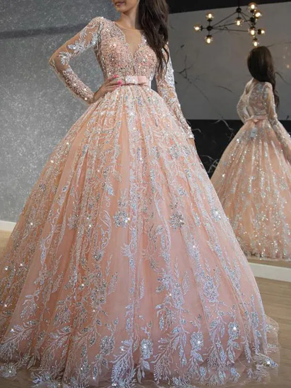 Pink Sequined Lace Ball Gown Prom Dresses Long Sleeve Formal Evening Dress ER2068