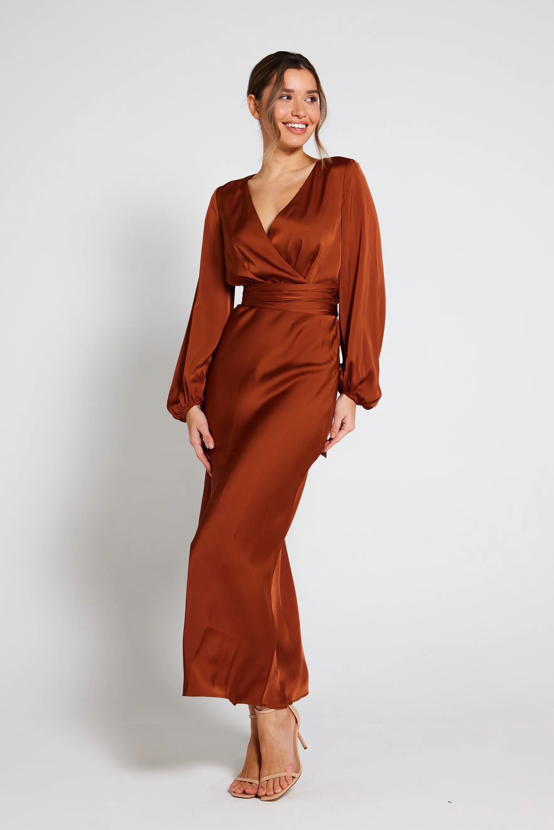 Elegant Rust Satin Long Sleeve Maxi Dress for Women - Pippa Collection