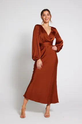 Elegant Rust Satin Long Sleeve Maxi Dress for Women - Pippa Collection