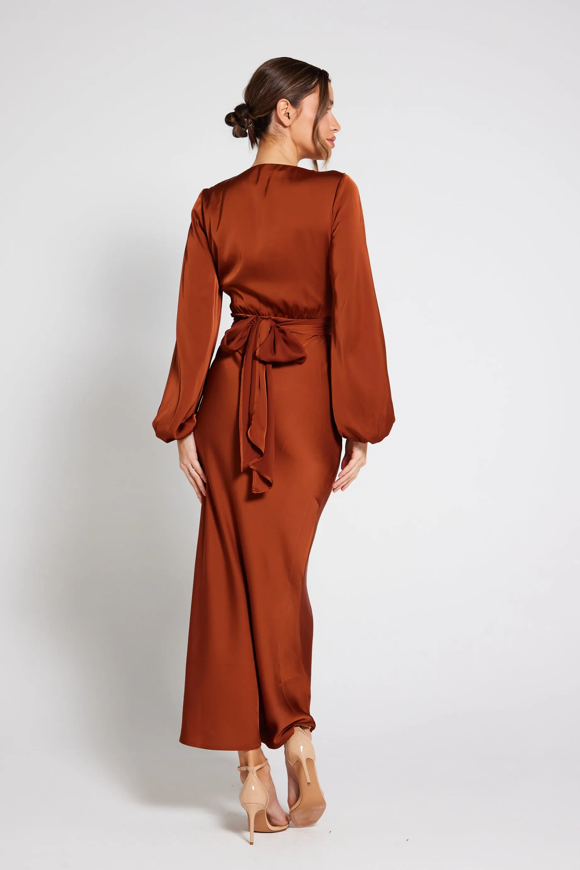 Elegant Rust Satin Long Sleeve Maxi Dress for Women - Pippa Collection