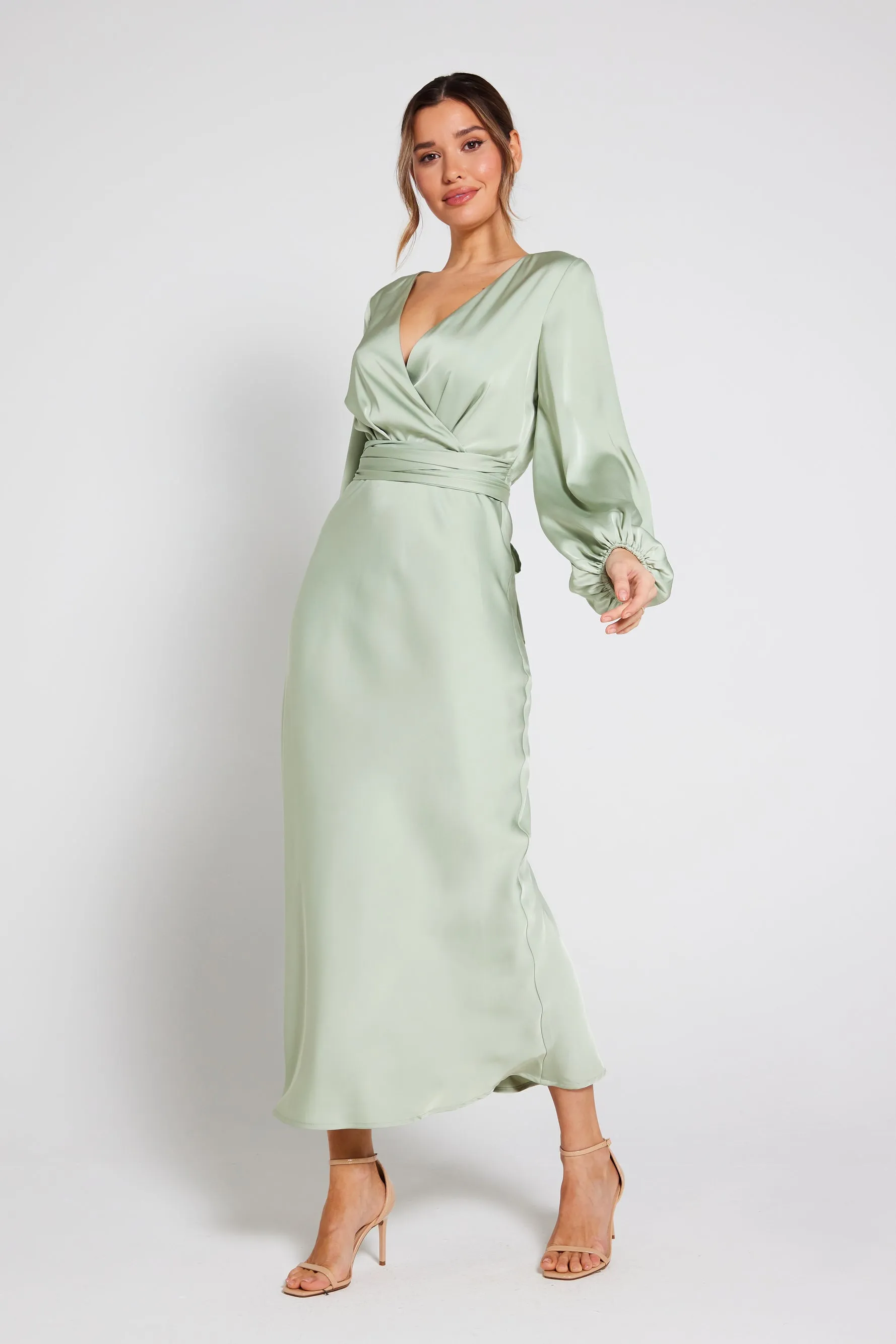 Pippa Long Sleeve Satin Maxi Dress - Sage Green