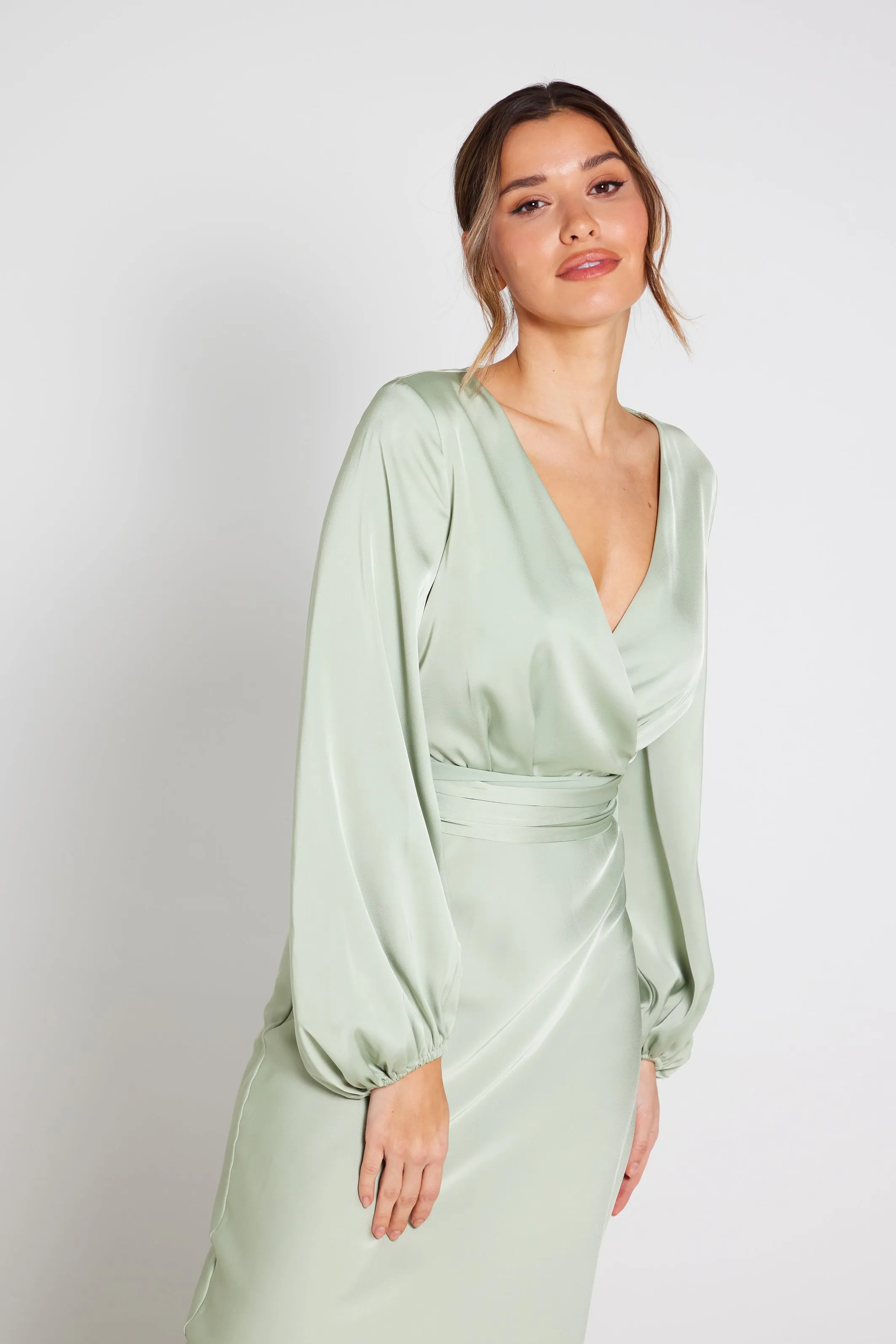 Pippa Long Sleeve Satin Maxi Dress - Sage Green