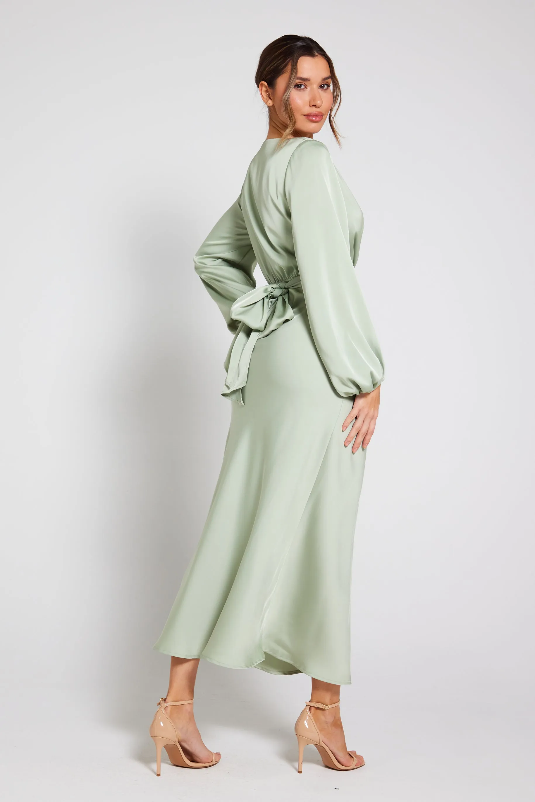 Pippa Long Sleeve Satin Maxi Dress - Sage Green