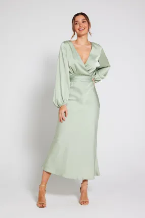 Pippa Long Sleeve Satin Maxi Dress - Sage Green