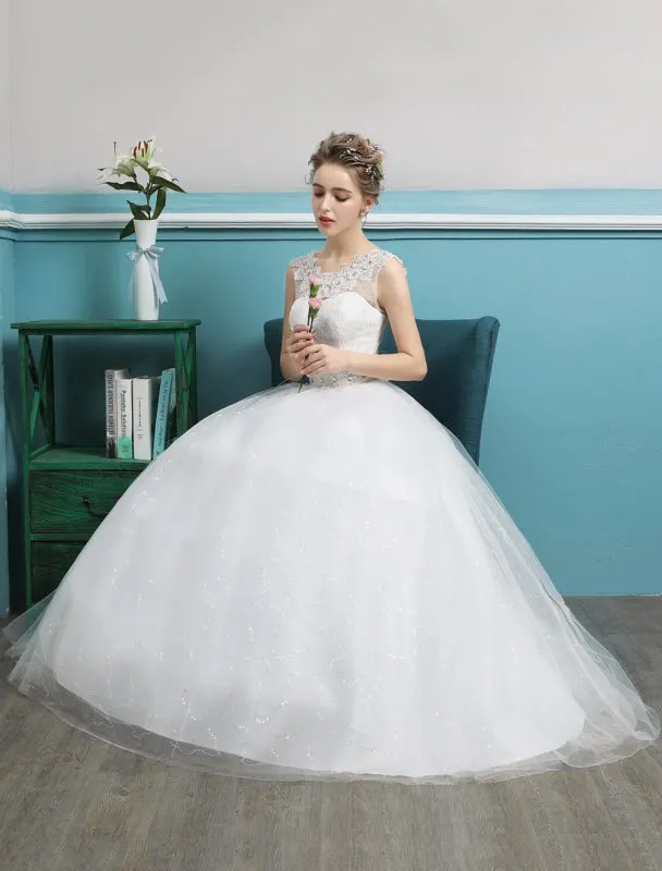 Princess Ball Gown Wedding Dresses Tulle Backless Ivory Beading Floor Length Bridal Dress