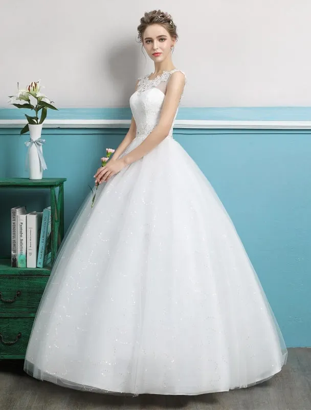 Princess Ball Gown Wedding Dresses Tulle Backless Ivory Beading Floor Length Bridal Dress