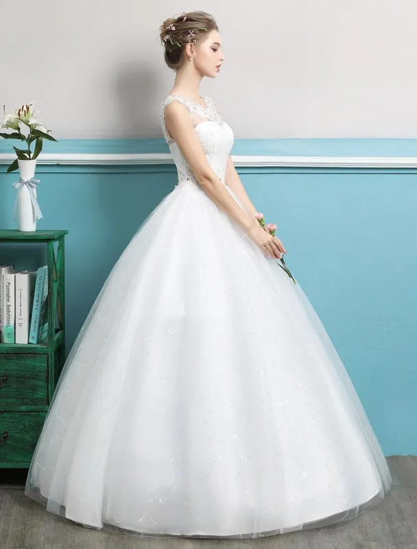 Princess Ball Gown Wedding Dresses Tulle Backless Ivory Beading Floor Length Bridal Dress