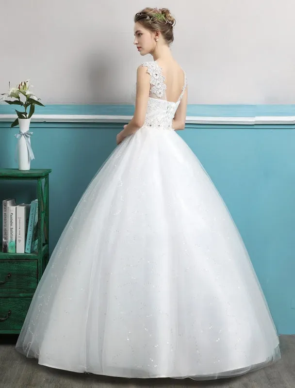 Princess Ball Gown Wedding Dresses Tulle Backless Ivory Beading Floor Length Bridal Dress