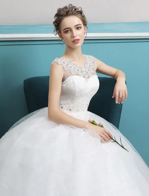 Princess Ball Gown Wedding Dresses Tulle Backless Ivory Beading Floor Length Bridal Dress