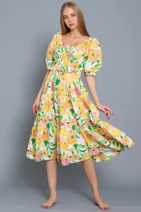 Puff Short Sleeve Tiered Midi Dress