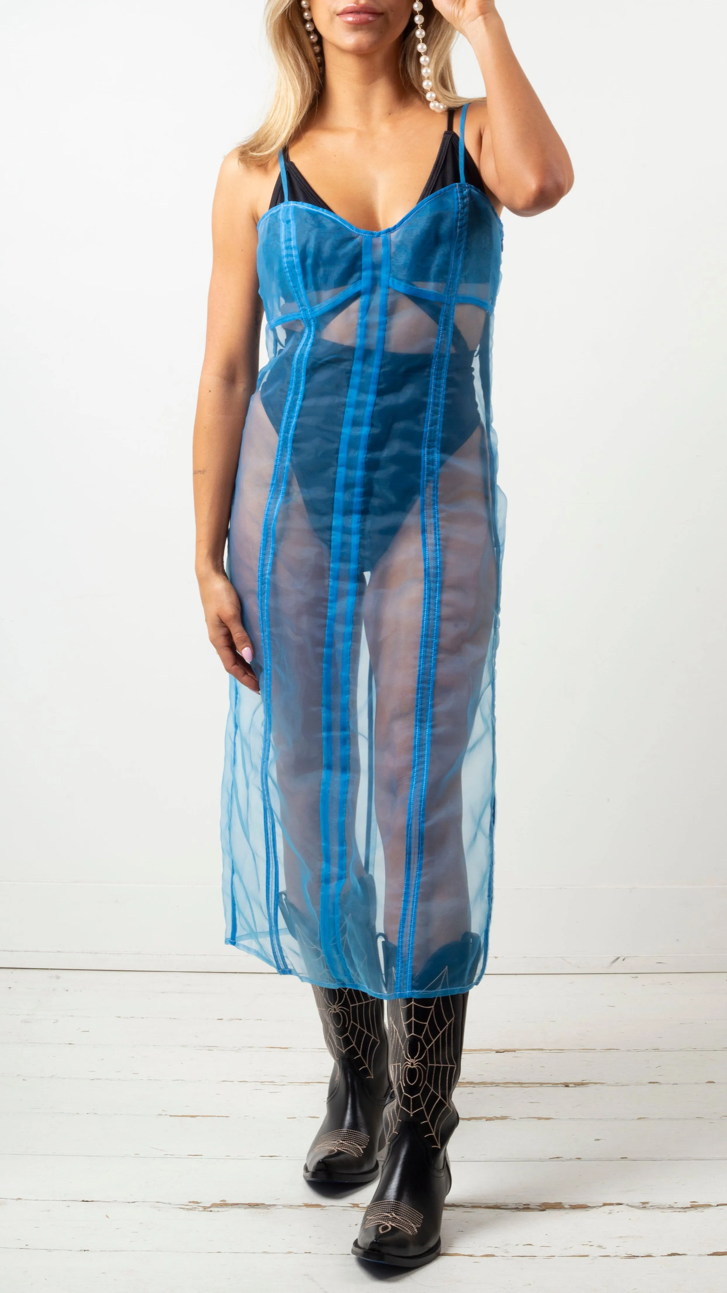 Rae Structured Sheer Organza Midi Dress - Blue