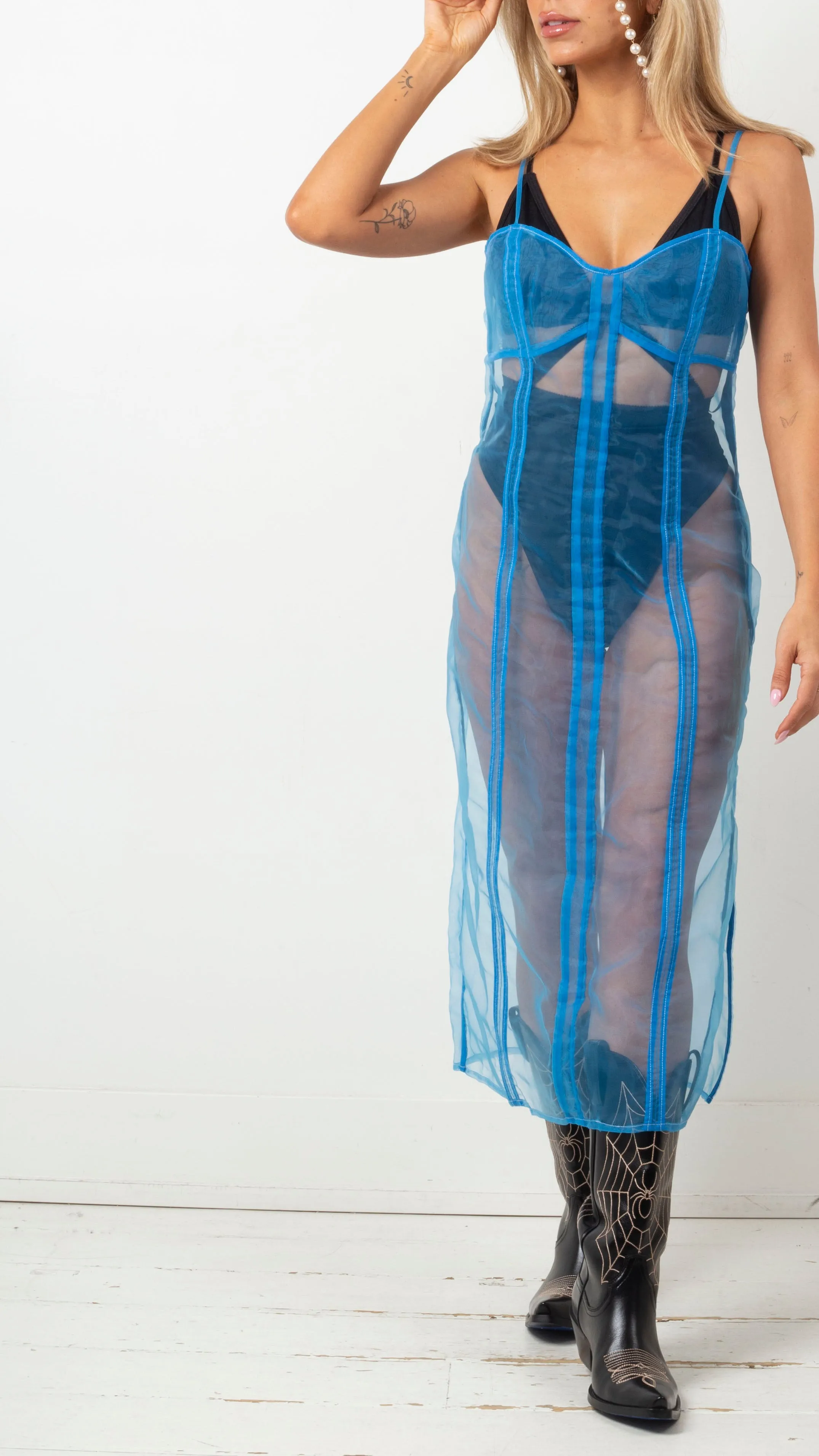 Rae Structured Sheer Organza Midi Dress - Blue