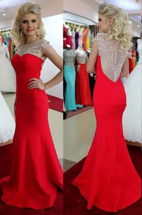 Red Beading Floor Length Satin Mermaid Prom Dresses Evening