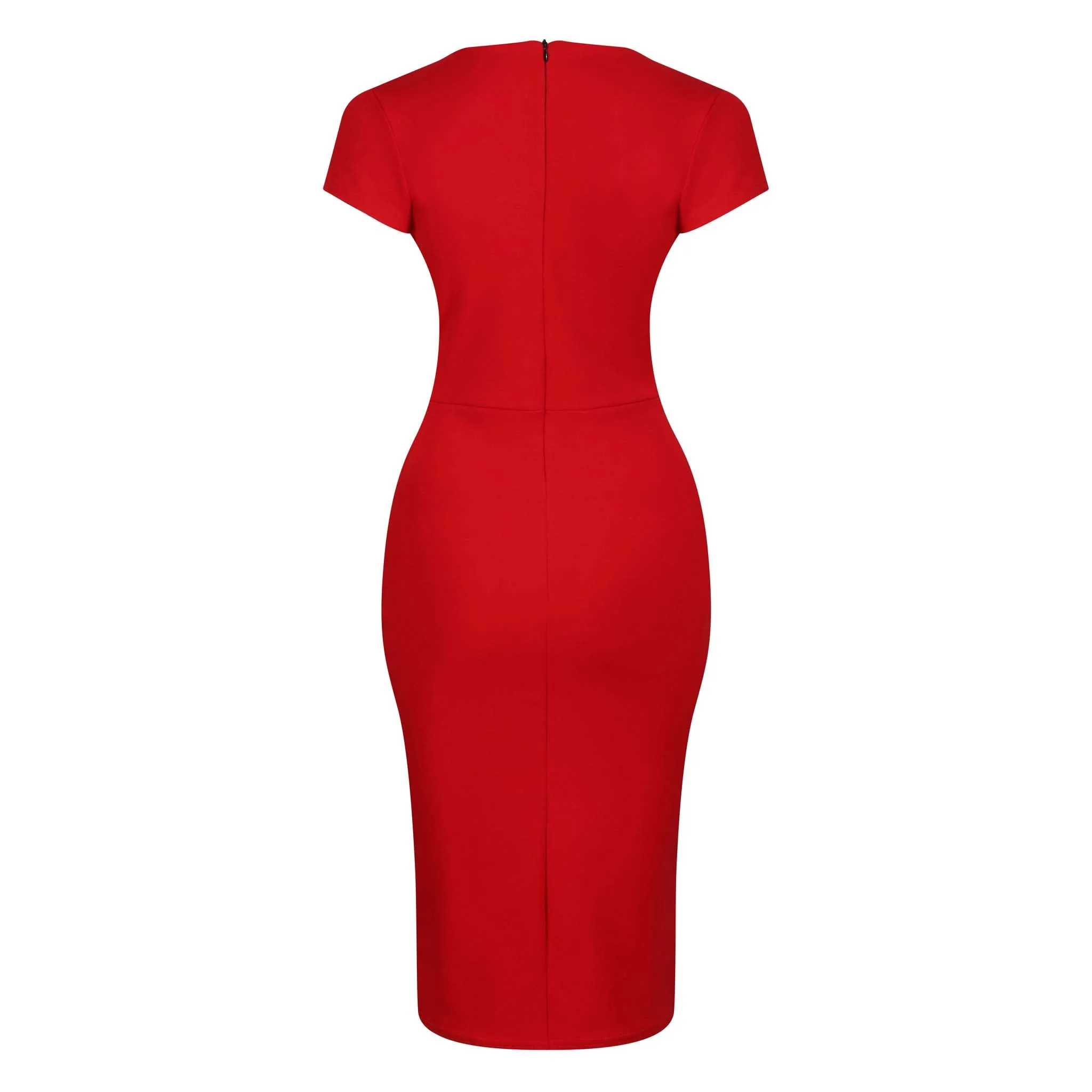 Red Deep V Cap Sleeve Bodycon Ruched Waist Wiggle Dress