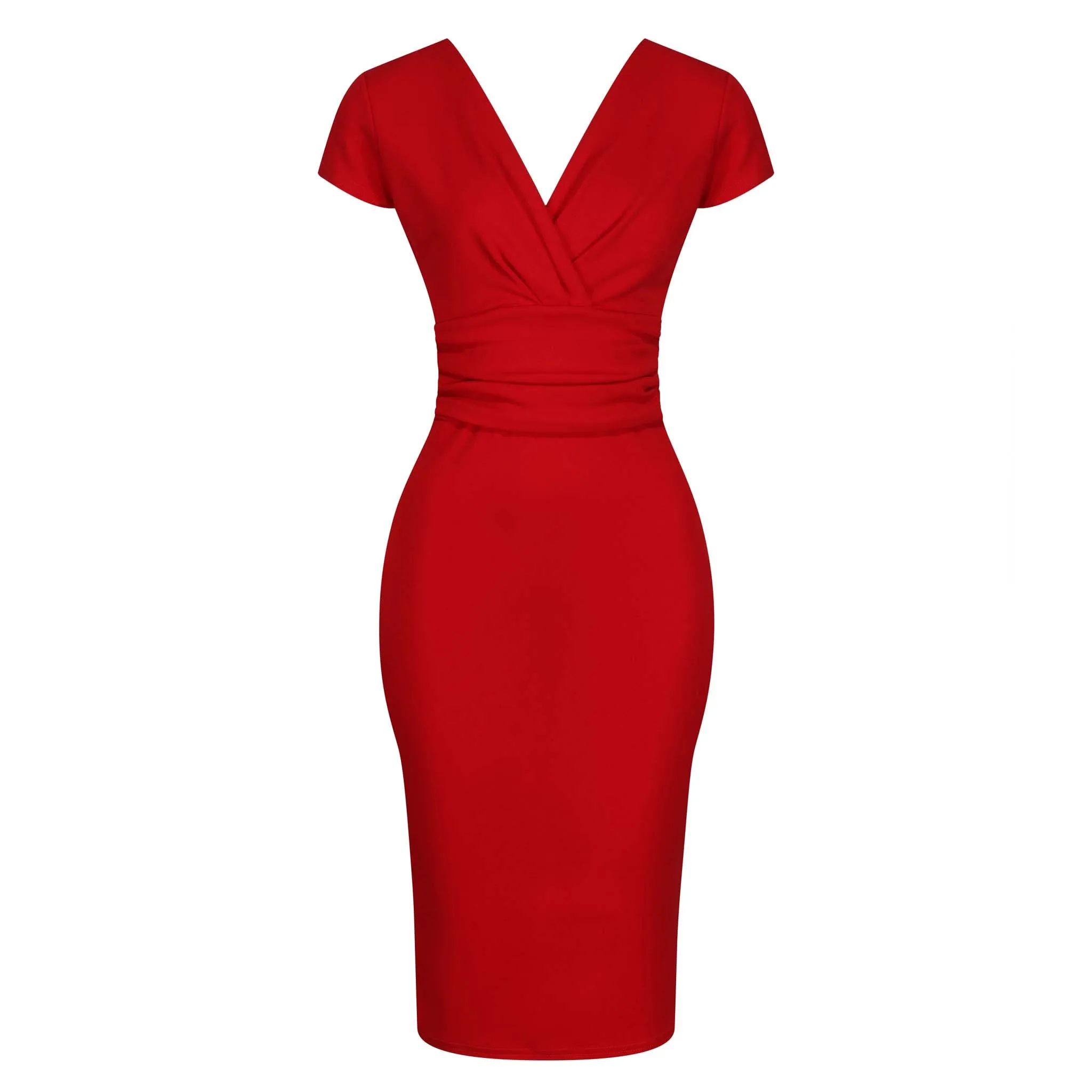 Red Deep V Cap Sleeve Bodycon Ruched Waist Wiggle Dress