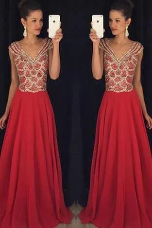 Red V-neck Beading Bodice Long Chiffon Prom Dresses Evening Dresses