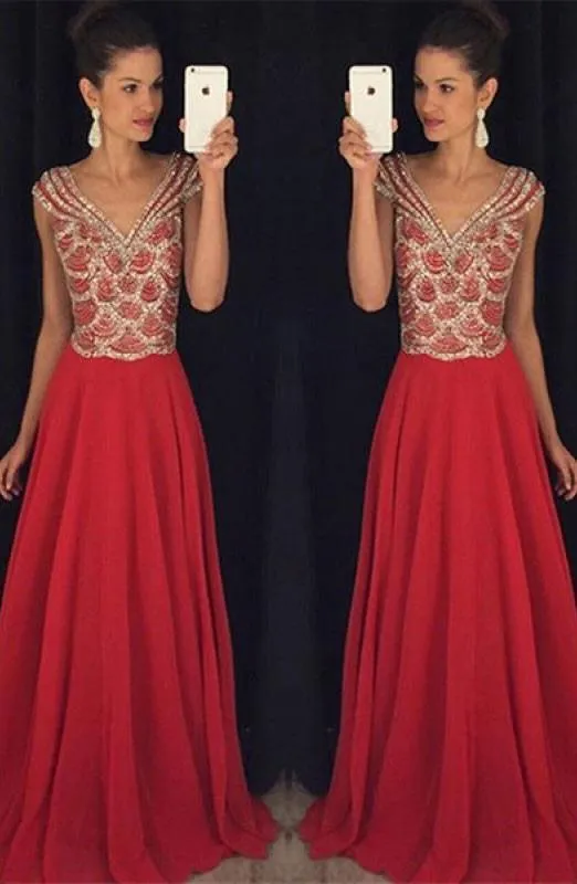 Red V-neck Beading Bodice Long Chiffon Prom Dresses Evening Dresses