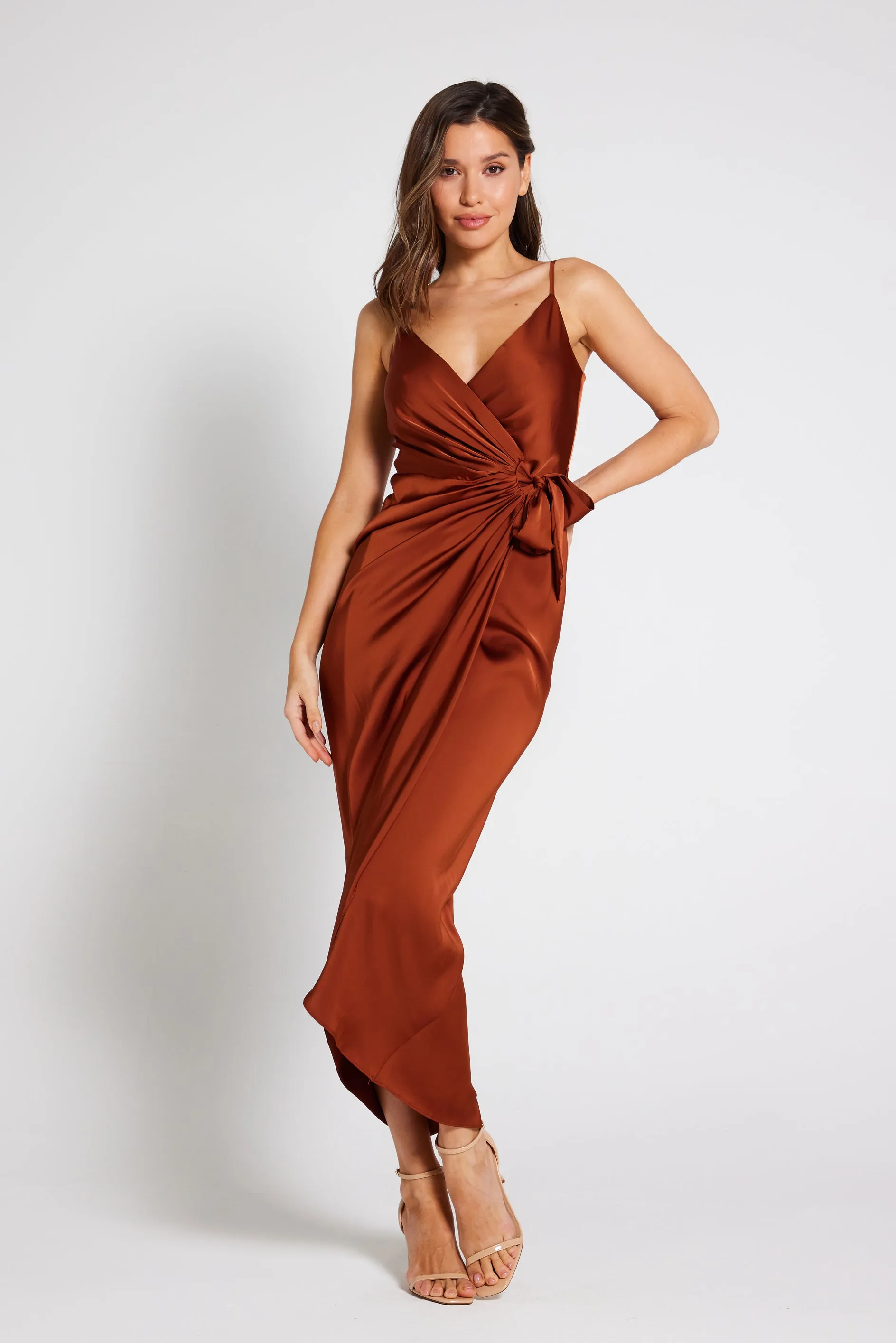 Rosa Tie Side Satin Cami Wrap Dress - Rust