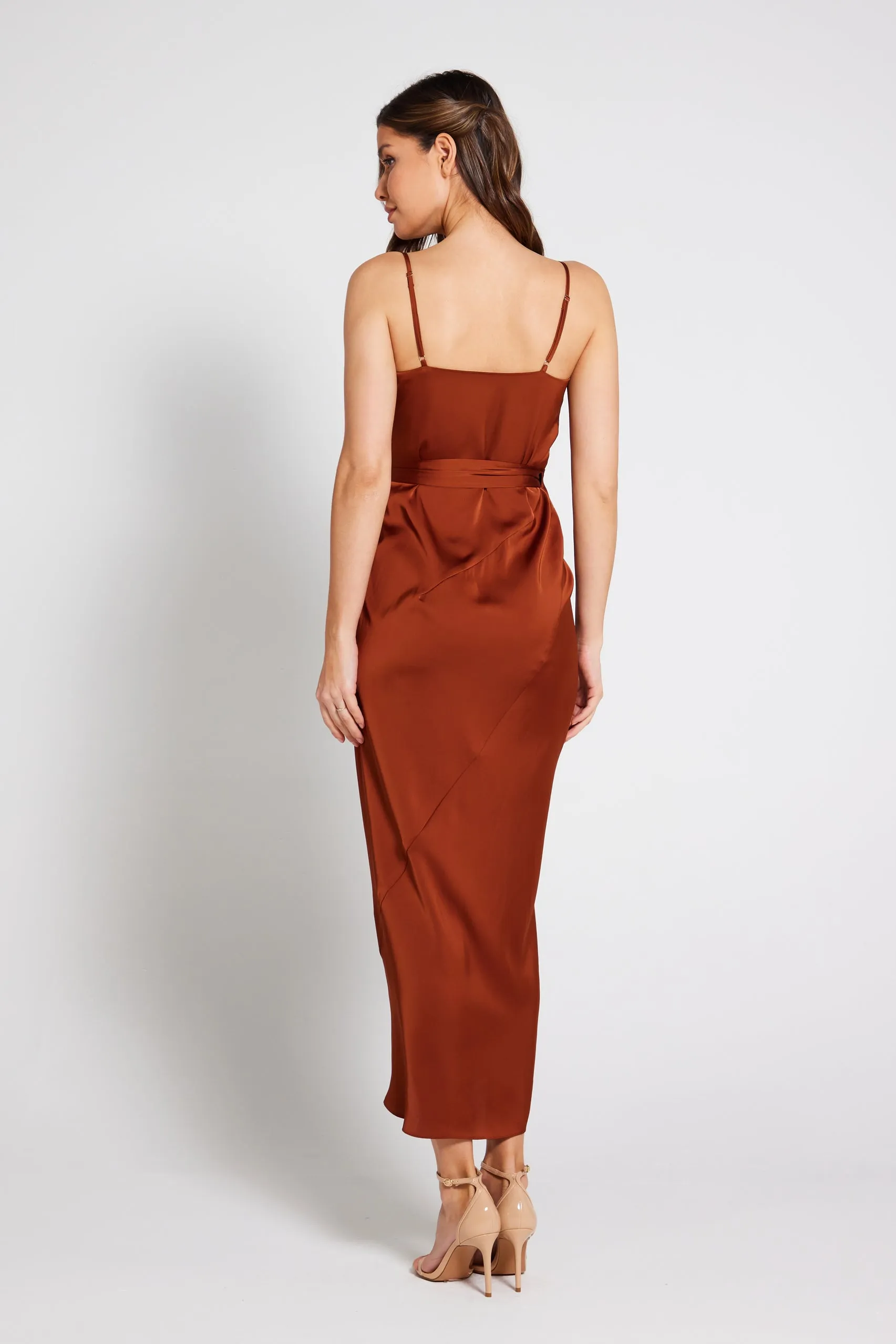 Rosa Tie Side Satin Cami Wrap Dress - Rust