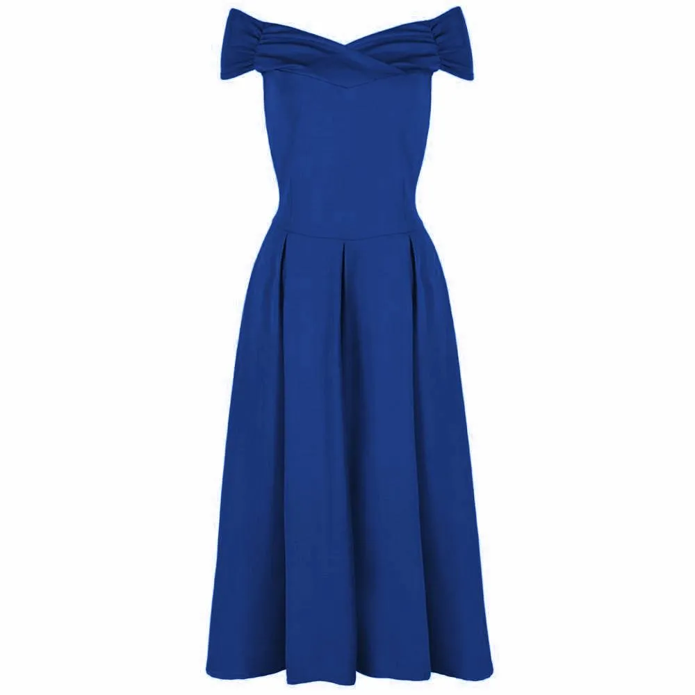 Royal Blue Crossover Vintage Bardot 50s Swing Dress