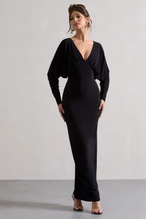 Ruth | Black Draped Plunge-Neck Maxi Dress